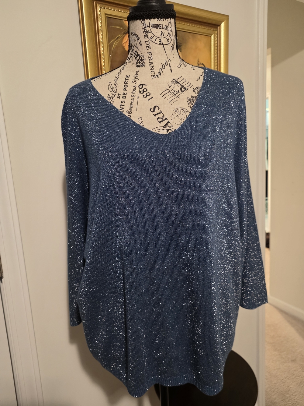 Sparkle V-Neck Knit Top in Blue. Made In Italy